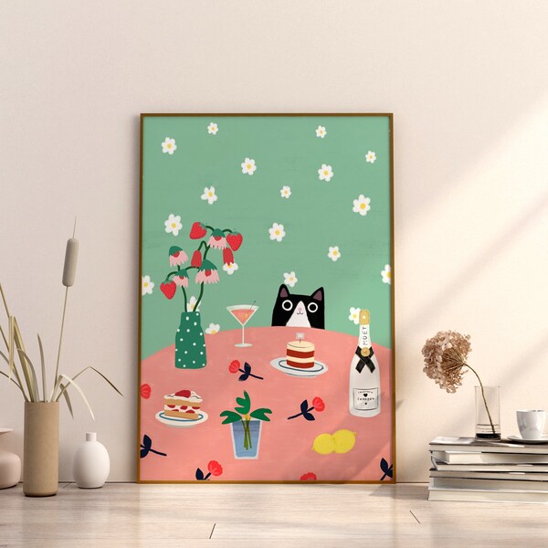 Strawberry Tux Cat Cute Funny Giclee Cat Art Gouache Painting Cat Poster Black Cat Illustration Fruit Berry Themed Wall Decor Summer Print