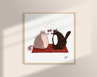 Wine Custom Cat Portrait Digital Download Funny Fat Cat Artwork for Animal lover Chubby Cat Watching Cin Cin Christmas Gift Cat Owner Gift