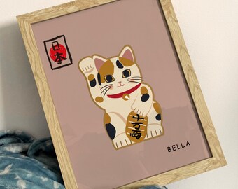 Quirky Custom Cat Portrait Print Maneki Neko Personalized Quirky Custom Cat Portrait Print Maneki Neko Personalized