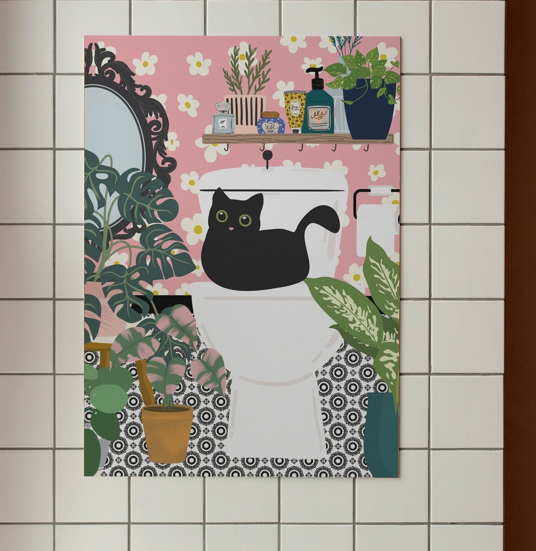 Botanical Toilet Bathroom Print House Plant Print Black Cat Cat Art ...