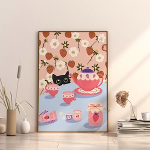 Strawberry Tea Digital Cat Cute Funny Giclee Cat Art Gouache Cat Poster Black Cat Illustration Fruit Berry Themed Decor Summer Print Jam Cup