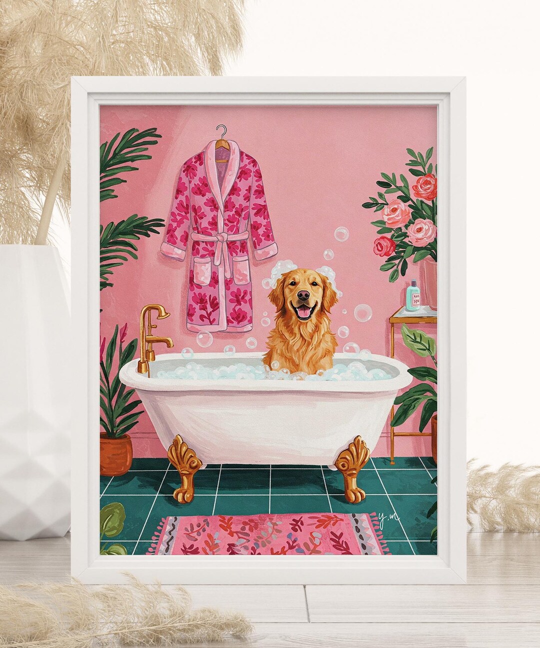 Botanical Bathroom With Golden Retriever Bathtub Print Original ...