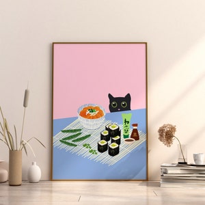 Japanese Cat Lover Unique Gift Maneki Neko Piece of Sushi Black Cat Print Poster Ramen Noodles Illustrated Print kitchen Art Unframed Decor