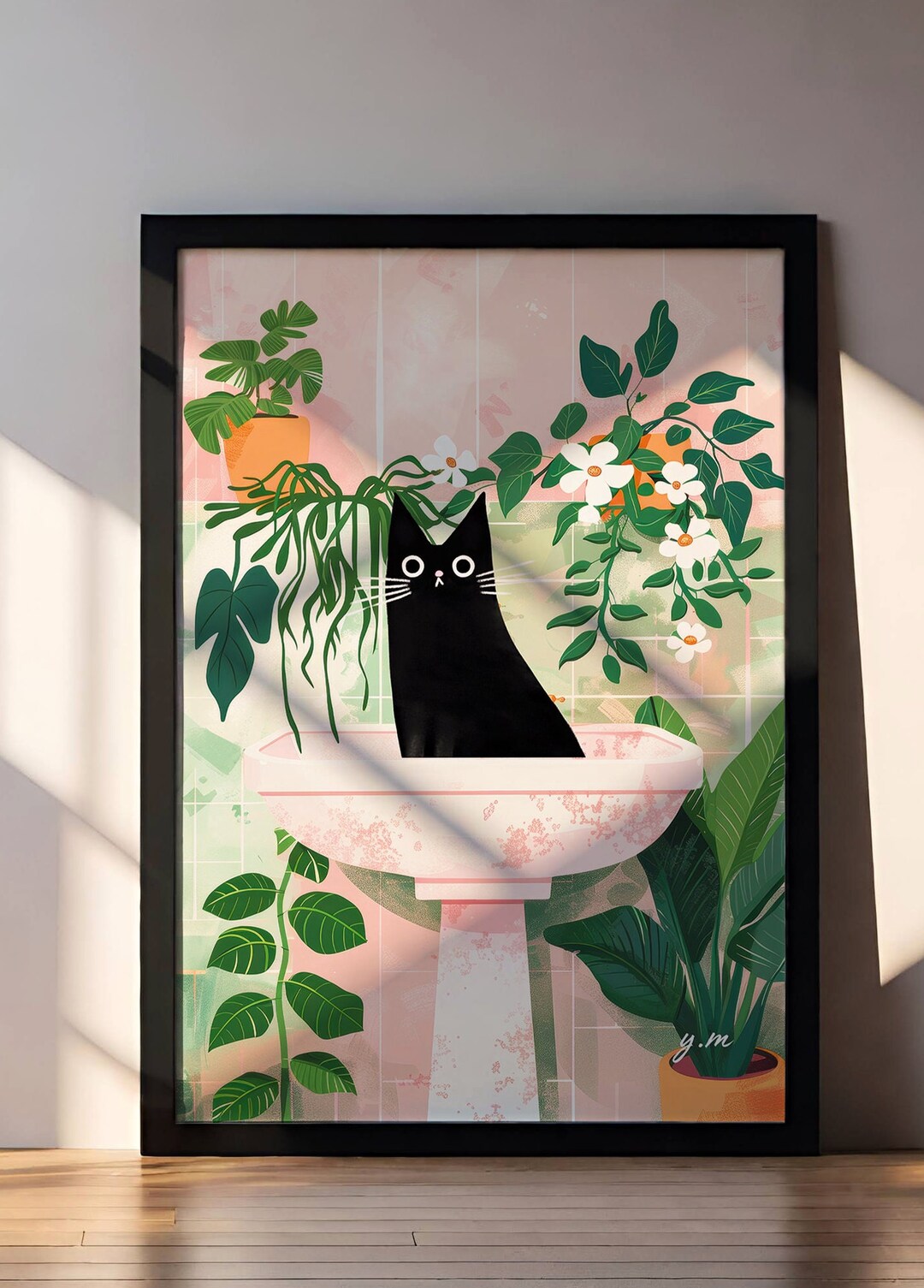Botanical Bathroom Black Cat in Bathtub Printed Poster Unique Wall Art ...