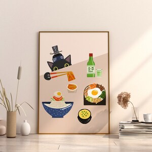 Korean King Cat Bibimbap Kimchi Kimbap Korean Noodle Street Food Soju Alcohol Korean Food Print Modern Kitchen Art Chef Poster Chopstick art