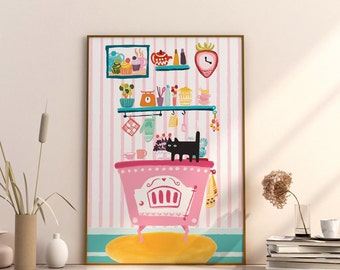 Kitchen print Cat chef Pastel Cottagecore Print Breakfast Painting Kitchen Printable Art Cute Kitchen Wall Decor Trendy Colorful Food Art