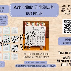 May include: A digital file set for a DIY desk calendar featuring SVG files for 2027 dates. Includes a QR code for video tutorials, step-by-step PDF instructions, and multiple personalization options for A4 sheets. This is a digital product only.