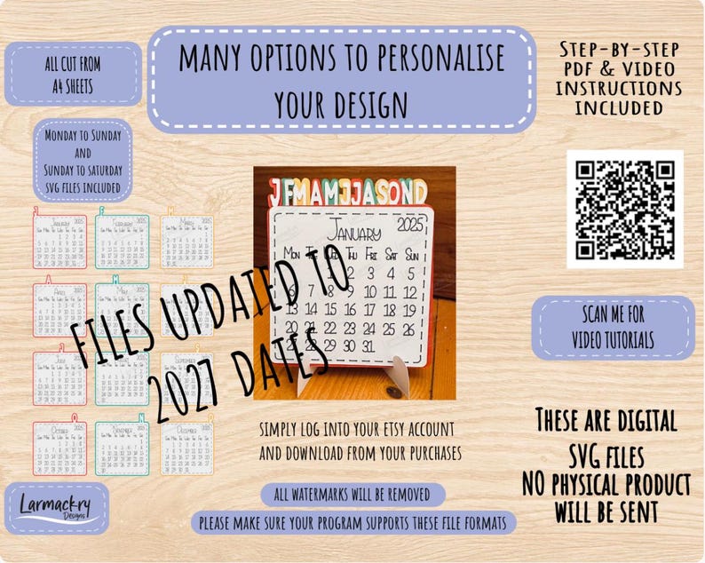 May include: A digital file set for a DIY desk calendar featuring SVG files for 2027 dates. Includes a QR code for video tutorials, step-by-step PDF instructions, and multiple personalization options for A4 sheets. This is a digital product only.