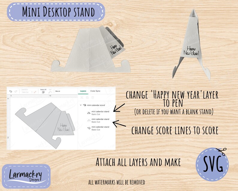 May include: A white mini desktop stand digital file for cutting machines. The design includes a foldable structure with a Happy New Year inscription. The image displays the SVG file interface with layer instructions for pen, score, and cut settings.