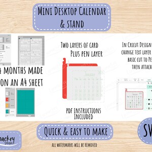 May include: A digital file set for a mini desktop calendar and stand, featuring SVG graphics, four months per A4 sheet, two card layers, a pen layer, and instructions to change text layers from basic cut to pen in Cricut Design Space software.