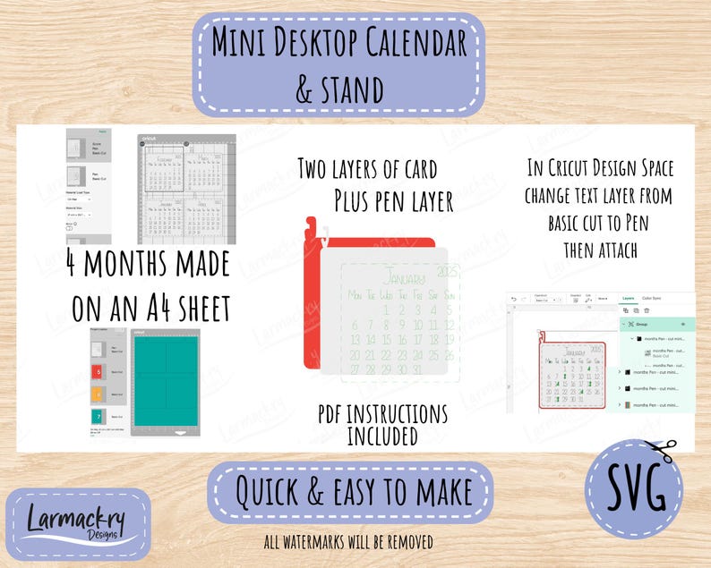 May include: A digital file set for a mini desktop calendar and stand, featuring SVG graphics, four months per A4 sheet, two card layers, a pen layer, and instructions to change text layers from basic cut to pen in Cricut Design Space software.
