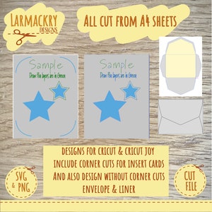 May include: A digital design for a card and envelope with a blue star and the text "Sample Draw Pen layers are in Green". The design is for Cricut and Cricut Joy and includes corner cuts for insert cards and a design without corner cuts. The design also includes an envelope and liner.