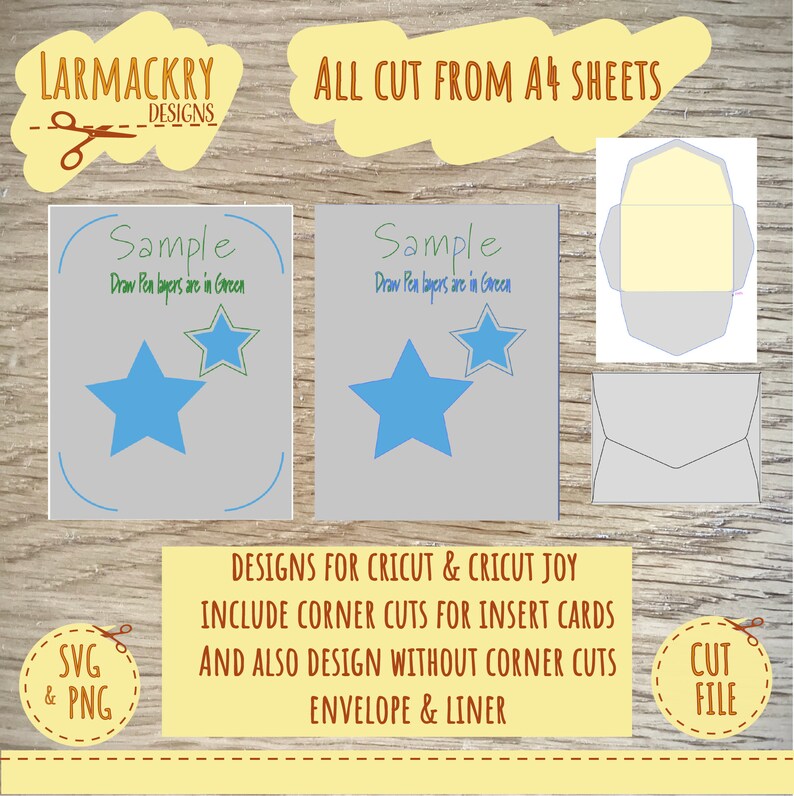 May include: A digital design for a card and envelope with a blue star and the text "Sample Draw Pen layers are in Green". The design is for Cricut and Cricut Joy and includes corner cuts for insert cards and a design without corner cuts. The design also includes an envelope and liner.