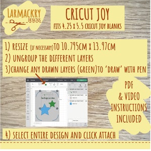 May include: Instructions for resizing, ungrouping, and changing layers in a Cricut Joy design. The image shows a computer screen with a design of two stars, one blue and one green, with the text "Sample Draw the layers are a breeze". The text "PDF & VIDEO INSTRUCTIONS INCLUDED" is also visible.