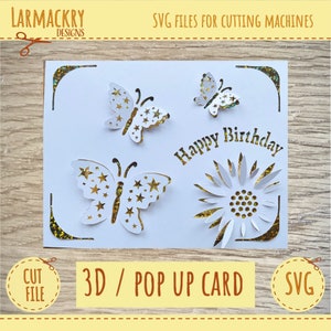 Carte Pop up 3D - Carte d'anniversaire - Carte fleur SVG - Carte papillon - Cricut SVG - Cricut Joy SVG - Téléchargement instantané -