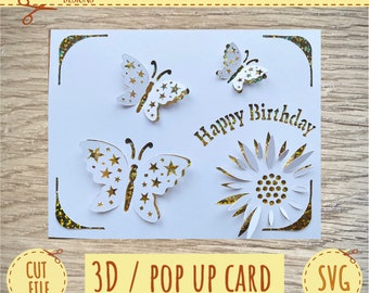 Carte Pop up 3D - Carte d'anniversaire - Carte fleur SVG - Carte papillon - Cricut SVG - Cricut Joy SVG - Téléchargement instantané -