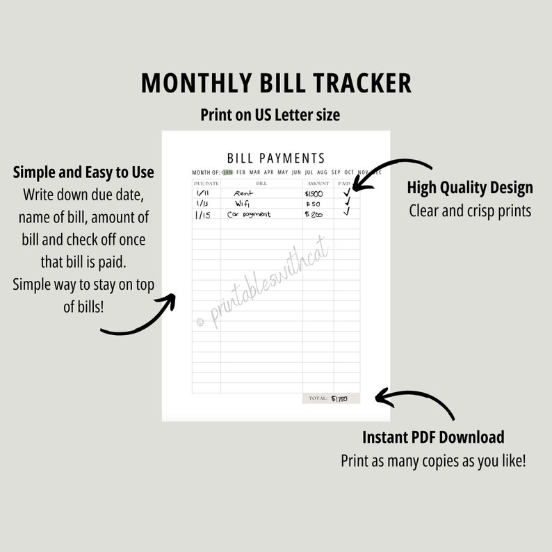 Monthly Bill Tracker | Printable PDF Download | US Letter Size | Bill ...