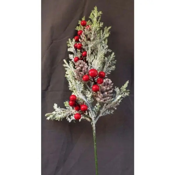 Christmas Evergreen Pick, Greenery, Christmas spray, flocked pinecone cedar spray, 18 " Red Berry, winter spray, pinecone and red berry pick