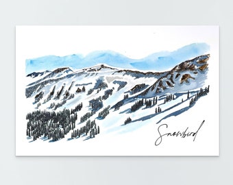 May include: Watercolor painting of a snowy mountain landscape with a blue sky and a few trees in the foreground. The text "Snowbird" is written in cursive at the bottom of the painting.