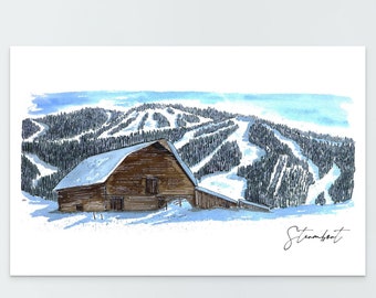 May include: A watercolor painting of a wooden barn with a snow-covered roof, set against a backdrop of a snowy mountain range with ski runs. The painting is signed "Steamboat" in the bottom right corner.