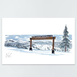 Skiing Paradise : Vail « Legendary Back Bowl » aquarelle et impression à l'encre - Station de ski de Vail, Colorado