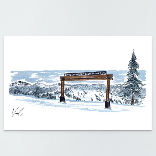 Skiing Paradise: Vail 'Legendary Back Bowl' Watercolor and Ink Print - Vail Ski Resort, Colorado