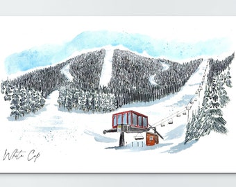 May include: A watercolor painting of a ski lift in a snowy mountain landscape. The lift is red and has several cabins. The mountain is covered in trees and snow. The painting is signed "White Cap" in the bottom left corner.