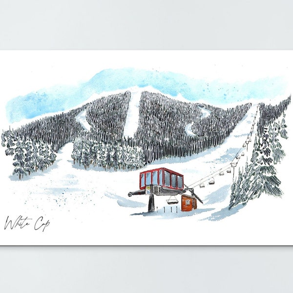 White Cap - Sunday River Watercolor and Ink Print - Ski Resort Art, Newry Maine Ski Gift