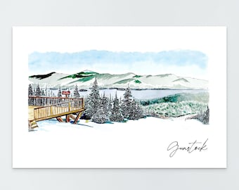 Gunstock Mountain Watercolor and Ink Print - Ski Resort Art, Panorama Pub Gilford, New Hampshire
