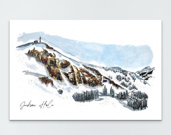 May include: Watercolor painting of a snowy mountain scene with a ski lift at the top. The mountain is covered in trees and snow, and the sky is a light blue. The painting is signed "Jackson Hole" in the bottom left corner.
