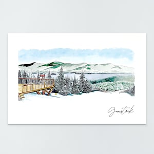 May include: Watercolor print of a snowy mountain landscape with a wooden deck and evergreen trees. The sky is light blue, and the word "Gunstok" is written in cursive at the bottom.