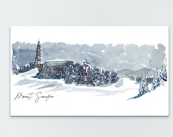 May include: A watercolor painting of a snowy mountain scene with a small building and trees. The painting is titled "Mount Snowdon".