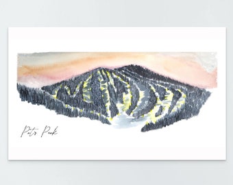 May include: Watercolor painting of a mountain with a sunset sky. The mountain is covered in trees and has ski runs marked in yellow. The text "Pits Peak" is written in black ink at the bottom of the painting.