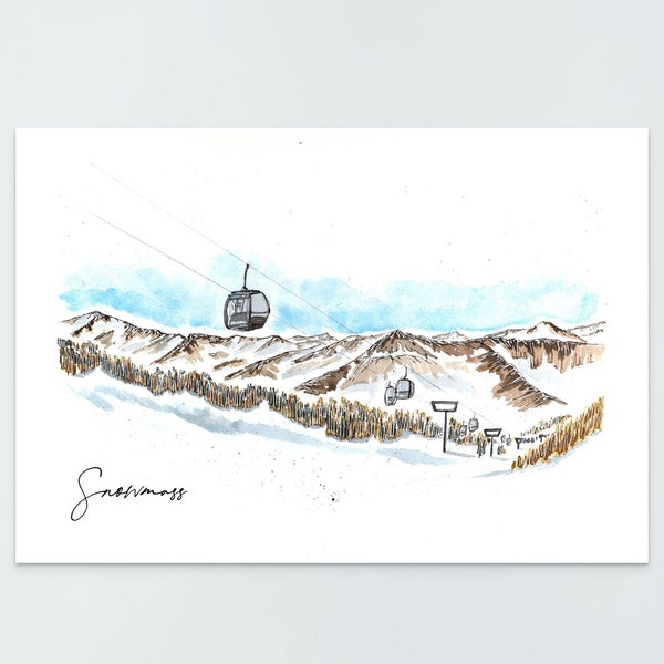 Embrace the Mountain Majesty: Aspen Ski Colorado Watercolor and Ink Print - Ski Resort Art, Aspen, CO