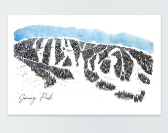 May include: A watercolor painting of a ski resort with a blue sky and white snow. The painting is titled "Jenny Peak".