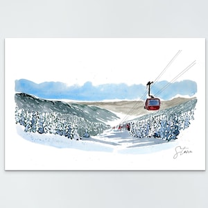 Stunning Ski Art Stowe Gondola Watercolor and Ink Print - Ski Resort Art, Stowe Vermont