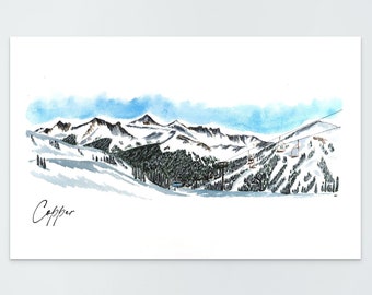 May include: Watercolor painting of a snowy mountain landscape with ski slopes and ski lifts. The artwork features a blue sky and the word "Copper" in cursive script. The overall theme is winter sports and mountain scenery.