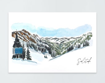 May include: Watercolor painting of a snowy mountain landscape with a blue sign and the word "Solitude" written in cursive.