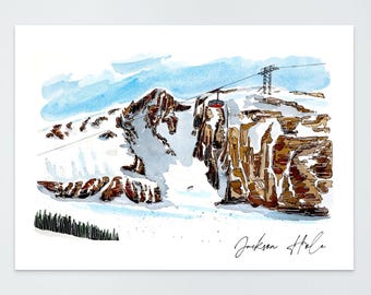 May include: Watercolor painting of a mountain landscape with a ski lift. The artwork features a snow-covered mountain with brown rock formations and a blue sky. The text "Jackson Hole" is written in cursive.