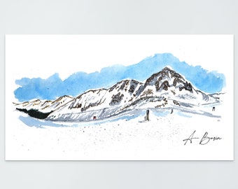 May include: A watercolor painting of a snow-capped mountain range with a blue sky and white clouds. The mountain peaks are brown and the snow is white. The sky is a light blue with white clouds. The painting is signed "A. Basin" in the bottom right corner.