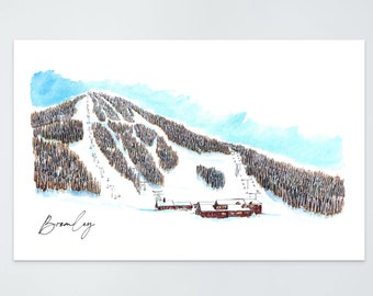 May include: A watercolor illustration of a ski resort with a mountain, ski runs, and buildings. The text "Bromley" is written in cursive at the bottom of the image.