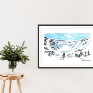May include: A watercolour painting of a snowy mountain landscape with two figures hiking in the distance. The painting is framed in black and has the word "Tuckerman's" signed in the bottom right corner.