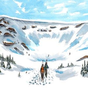 May include: Two people are hiking up a snowy mountain path. The path leads to a large, snow-covered crater. The sky is blue with white clouds. The scene is painted in watercolour.