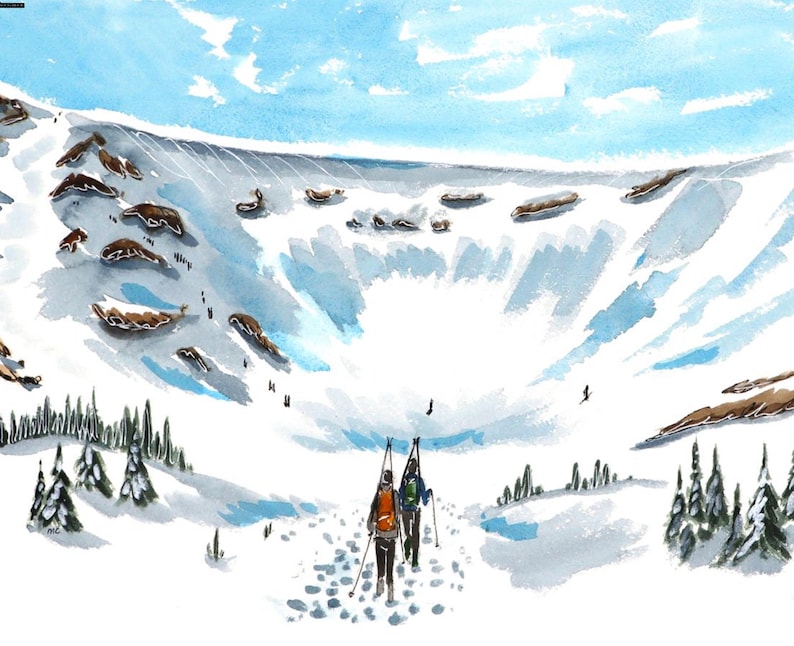 May include: Two people are hiking up a snowy mountain path. The path leads to a large, snow-covered crater. The sky is blue with white clouds. The scene is painted in watercolour.