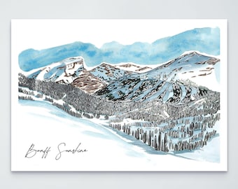 Banff Sunshine Ski Resort - Ski Big 3 - Watercolor and Ink Print, Alberta, Canada