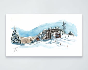 May include: A watercolor painting of a snowy mountain landscape featuring a ski lift station, a tall communication tower, and evergreen trees. The scene is rendered in shades of blue, white, and brown, with a signature T2 in the bottom left corner.