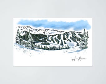 May include: Watercolor print of a snow-covered mountain ski resort with ski runs. The artwork features snow-covered evergreen trees, a blue sky with clouds, and the artist's signature in the bottom right corner.
