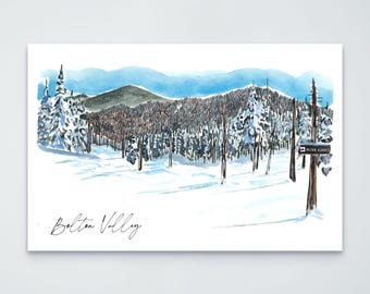 May include: A watercolor print of a snowy mountain landscape at Bolton Valley. The scene features snow-covered pine trees, a blue sky, and a wooden signpost on the right labeled Vista Glades. The text Bolton Valley is written in black script.