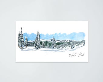 May include: Watercolor painting of a snowy mountain landscape with pine trees in the foreground. The sky is a light blue with white clouds. The text "Winter Park" is written in the bottom right corner.
