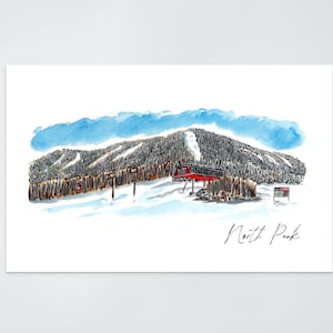 May include: Watercolor painting of a snowy mountain scene with a red ski lift building and the text "North Peak" at the bottom.